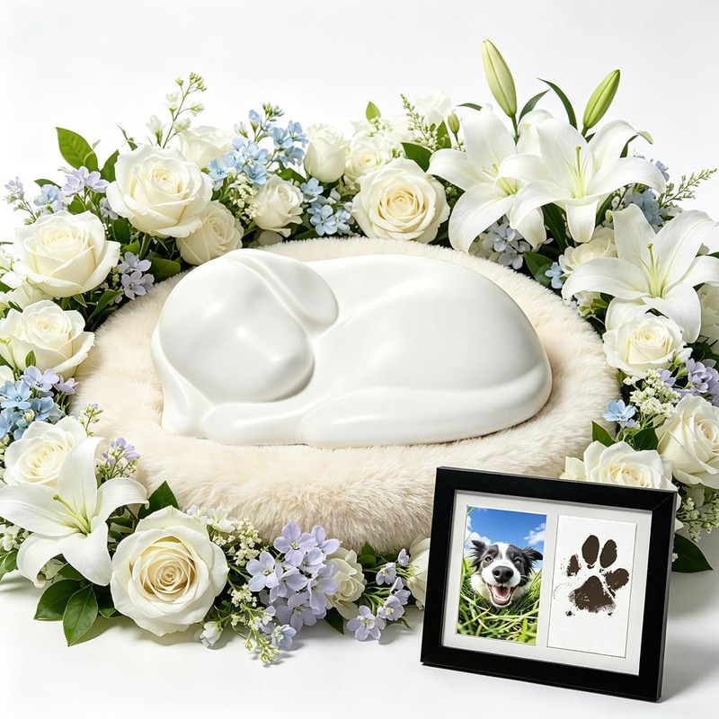 White Sleeping Dog Cremation Urn for Dog Ashes, Resin Pet