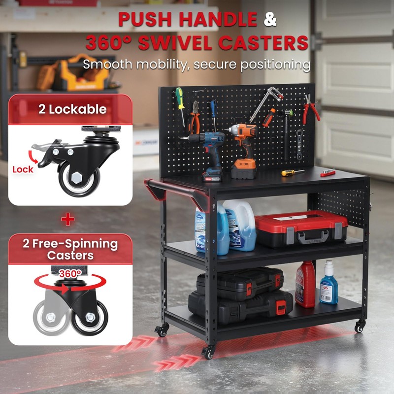 ENJOYWOOD Workbench with Dual Pegboards 3-Tier Adjustable Rolling Work Table