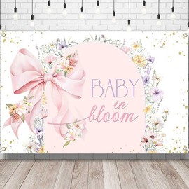 Lofaris Baby in Bloom Banner, 70.8x43.3 Inch, Pink Watercolor Floral Design with Ribbon Bow, Perfect for Baby Showers and Newborn Celebrations, Polyester Fabric