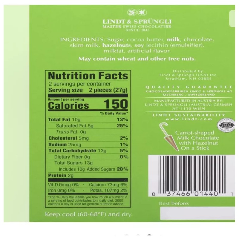Lindt Carrots, Solid Milk Chocolate Blended W/ Hazelnut:1.9oz