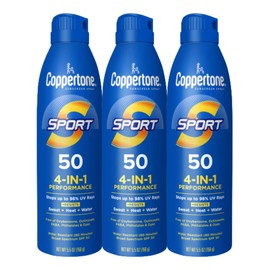 Coppertone Sport Sunscreen Spray SPF 50, Sweat, Heat and Water Resistant Sunblock, Lightweight, Oxybenzone Free, Spray Sunscreen Bulk Pack, 5.5 Oz Bottle, Pack of 3 (Packaging May Vary)