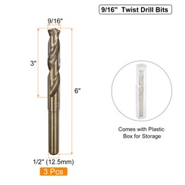 sourcing map 3pcs 9/16" M35 Cobalt Twist Drill Bits, High-Speed Steel Jobber Drill Bit for Stainless Steel, Hardened Metal, Cast Iron, Aluminum, Copper, Soft Alloy Steel, Wood, Plastic