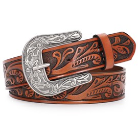 XZQTIVE Women Genuine Leather Belt Vintage Ladies Western Belt Engraved Tooled Leather Belt Cowgirl Country Belt, 47 Inch, Brown