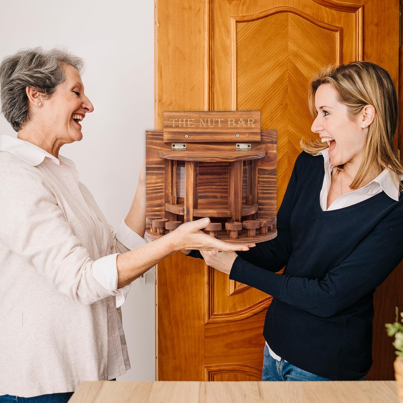 MIXUMON Crescent Squirrel Feeder Table, Wooden Squirrel Picnic Table Feeder,