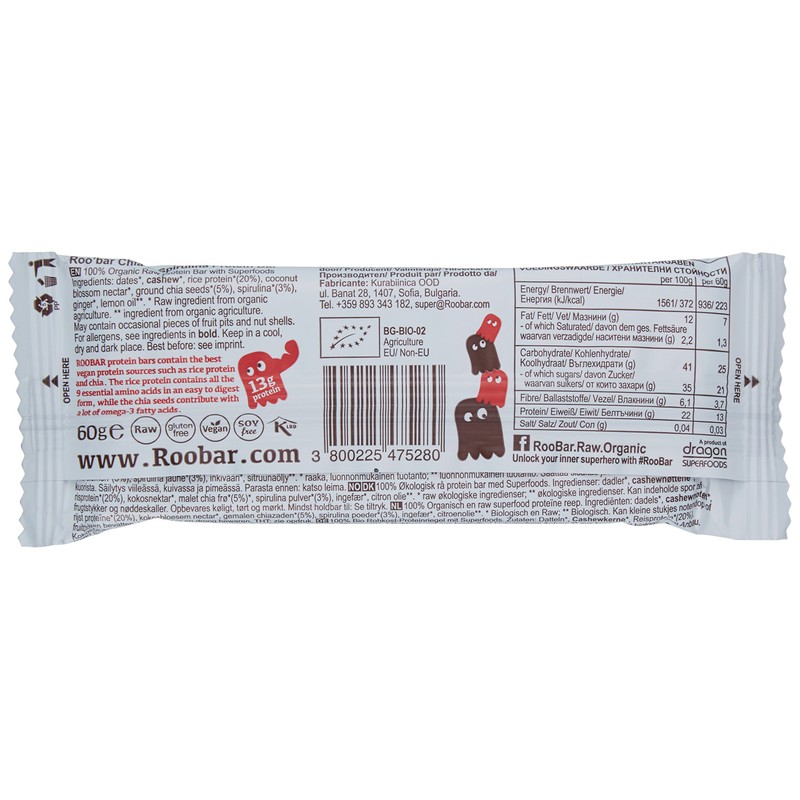 Roobar Protein Chia and Spirulina, Pack of 6 (6 x