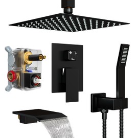 Fatspas 12 Inch Ceiling Mount Shower System with Tub Spout, 12 Inch Shower Faucet Set with Rain Shower Head High Pressure Handheld Spray Rough-in Valve and Shower Trim Included, Matte Black