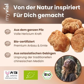 Organic Hericium Capsules Pack of 120 - Lion's Mane Powder High Dose 1200 mg Daily - 100% Vegan & No Additives - Pure Natural Product from Fruit Body - Plastic Free - Produced in Germany