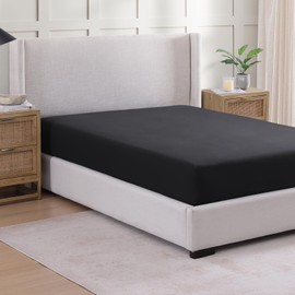 Casa Platino Fitted Sheet Double, Black - Pre-Washed, Deep Pocket 14 inch (35 cm) - Easy Care - Soft Brushed Microfibre Fabric - Shrinkage and Fade Resistant - Bottom Sheet