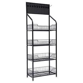 PROYONGOO 4 Tier Retail Display Rack with Wheels, Metal Wire Storage Shelf Basket Stand Cart with Hole Plate and Hooks for Bedroom Kitchen Office Store, 19.6" X 10.6" X 55"