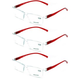 V.W.E. 3 Pairs Lightweight Comfortable Transparent Frame Clear Rectangular Readers Reading Glasses - Men Women (3 Red, 2.75, x)