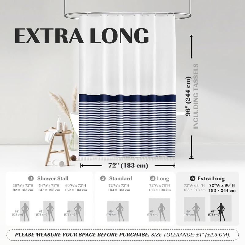 Seasonwood Extra Long Shower Curtains White and Blue Striped Shower