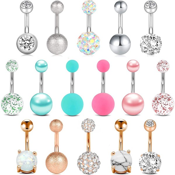 PunkTracker 16 Pieces Belly Button Rings 14G Stainless Steel Belly