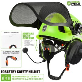 GREEN DEVIL Forestry Chainsaw Safety Helmet with Bluetooth Ear Muffs Arborist Helmet Hard Hat with Built-in Visor Mesh Face Shield 5 in 1 System Logging Garden Work Hardhats for Men Women