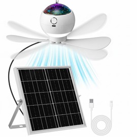Aurelema 1 Set Solar Powered Ceiling Fan with Light for Camping Rechargeable 10'' Small USB Portable Hanging Fan with Star Projection 10w Solar Panel, 3 Speeds for Tent Rv Bed Gazebo Greenhouse