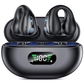 Open Ear Clip Wireless Earbuds Bluetooth 5.3, Sports Earphones Built-in Microphone with Earhooks & Ear Hook, Wireless Charging Case & Display, Waterproof Fitness Headphones for Sports,Black