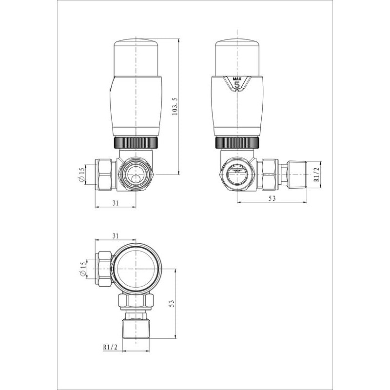 UK Radiators Thermostatic Radiator Valve (TRV) 15mm Corner Lockshield Valve