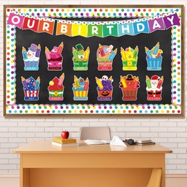 Aneco Happy Birthday Bulletin Board Decorations Cupcake Cutouts Border Trim Birthday Calendar Poster Party Supplies for School Home Wall Decor Supplies