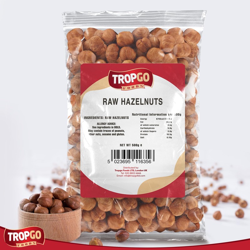 Tropgo Raw Hazelnuts - 500g - Packed Fresh Large Hazelnut