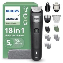 Philips Norelco Multigroom 5000 Series, recortadora todo en uno, recortadora de barba y cortadora de pelo, kit de aseo para hombre, 18 piezas para barba, cara, nariz, oído, cuerpo, con cuchillas de