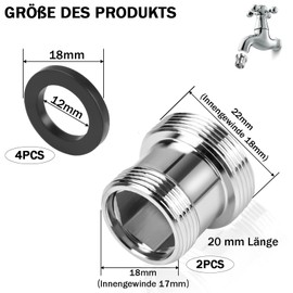 CONJURAIDE 2 Stück Wasserhahn Adapter M18 auf M22, Außengewinde Wasserfilter Wasseranschluss Schlauch Adapter Aufsatz mit 4 Gummidichtung Wasserhahnadapter für Wassersparzierung Wasserhahn