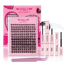 DIY Eyelash Extension Kit, Individual Eyelash Kit with 144 Pieces Cluster Eyelash Binding and Seal, Eyelash Glue Remover, Eyelash Applicator (Natural01-D-8-16mix)