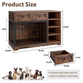 IDEALHOUSE 47” Large Dog Crate, Dog Kennel Indoor with 2 Drawers and 4 Shelves, Dog Crate Furniture TV Stand, Wooden Dog Cage for Medium Large Dogs, Vintage Brown