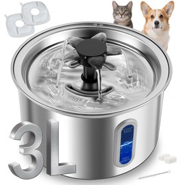 ZOESEEK 3L/101oz Stainless Steel Cat Water Fountain for Indoor Use - Ultra Quiet Automatic, BPA-Free LED Window for Cats/Small Dogs (Silver+2 Filters+2 Sponges, Large)