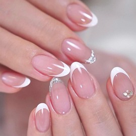 24 Pcs Press on Nails Almond Fake Nails French Tip with Glitter Designs White Tip Pattern False Nails Glossy Acrylic Medium Nails Press on Artificial for Women and Girls Reusable Glue on Nails