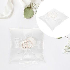 VILLCASE 8'' Wedding Ring Cushion, Lace Pearl Wedding Ring Bearer Pillow, White Ring Holder Cushion, Lovely Buds Wedding Pocket Ring Pillow with Ribbon for Wedding Party Ceremony