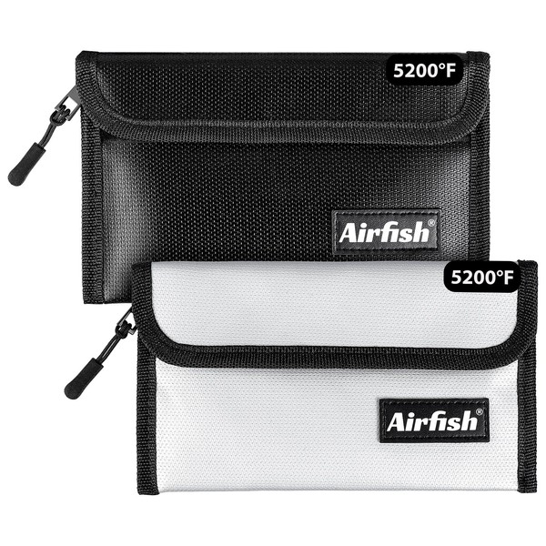 Airfish 2 Pack Fireproof Bag, 8 x 5" Fireproof Money Bag, Small Fireproof Document Bag, Fireproof Envelope with Zipper, Waterproof Cash Pouch for Valuables/Jewelry/Cash/Passport/Invoices