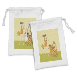 Lunarable Party Fabric Pouch Set of 2, Pregnant Woman Shopping for Her with Teddy Bear and Stroller Cartoon Image, Small Drawstring Bag for Toiletries Masks and Favors, 9" x 6", Multicolor