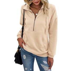 PRETTYGARDEN Women's Casual Long Sleeve Lapel Zipper Sweatshirt Drawstring Loose Pullover Tops (Apricot, Large)