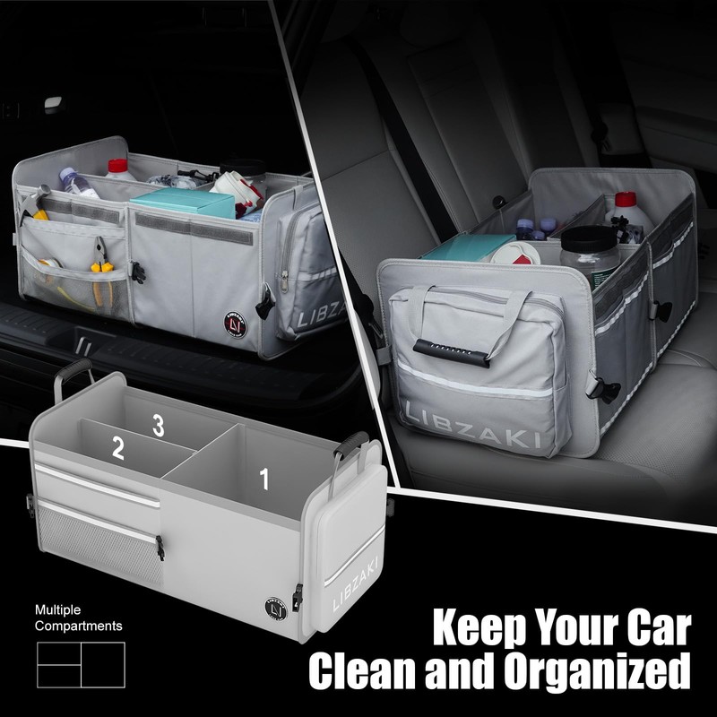 LIBZAKI Car Trunk Storage Organizer, Multi Compartment Collapsible Trunk Storage