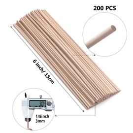 Wooden Sticks for Crafts, Round Wood Diameter 3 mm, Length 15 cm, Pack of 200 Wooden Sticks for Crafts, Craft Wood for Macrame Sticks, Unfinished Hardwood Dowels Round Woods for Candy Floss, Stick