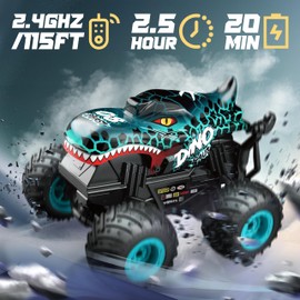 BEZGAR MonsterTruck Toys - Monster Truck Remote Control Car with Light & Music, Dinosaur Toys for Boys, RC Truck with 360° Spin & Rotating, Remote Control Car for Kids age 3 4 5 6 7 8+, Cyan Blue