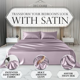 DECOLURE Satin Bed Sheets - 4 Piece Luxury Silky King Size Bedding Set - Softer Than Silk, Wrinkle-Free with 15” Deep Pocket Fitted Sheet, Perfect for Hair & Skin, Gifts for Women (Lavender)
