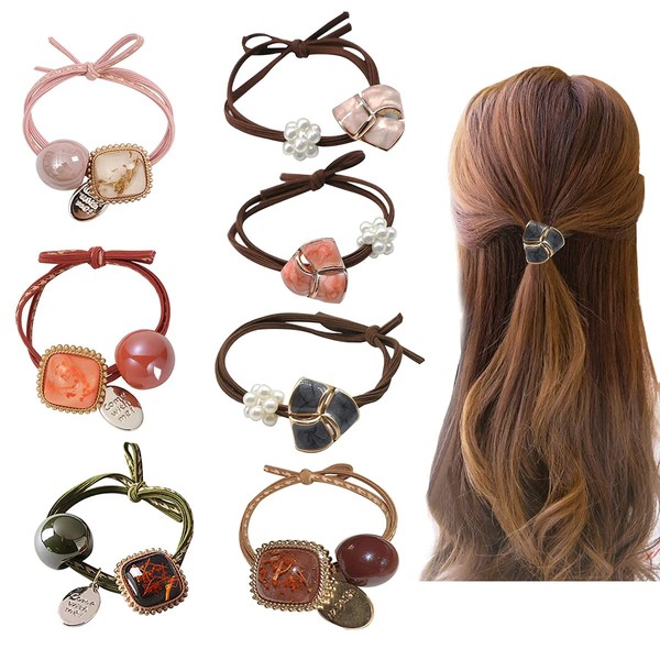 Lndb Set of 7 Hair Elastics, Hair Ties, Ring Ties, Hair Ornament, Fashion Amber Accessories, Gift