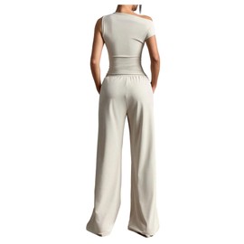 SOLY HUX Women's 2 Piece Outfits Lounge Sets Off The Shoulder Tops Wide Leg Pants Summer Casual Matching Set Solid Apricot Large