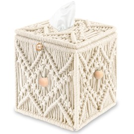 KaloKalo Handmade Tissue Box Cover Decorative Macrame Boho Square Tissue Holder Cotton Rope Woven Napkin Facial Paper Organizer Bohemian Desk Storage Container with Buckle Wood Beads (Ivory)
