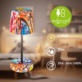 BRILONER - LED Table Lamp Wireless IP44 with Touch, Dimmable in Steps, Splash Protection, Bedside Lamp, Reading Lamp, LED Lamp, Camping Lamp, Table Lamp, Outdoor Lamp, 26 x 10.5 cm, Graffiti Motif