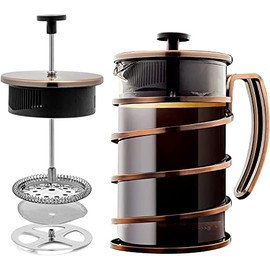 OVENTE 27 Ounce French Press Coffee & Tea Maker, 4 Filter Stainless Steel Filter Plunger System & Durable Borosilicate Heat Resistant Glass, Perfect for Hot & Cold Brew, Spiral Copper FSW27C