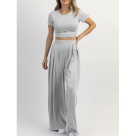 PEIARA Women's 2 Piece Lounge Sets Summer Short Sleeve Crop Tops Two Piece Outfits Woman Wide Leg Palazzo Pants Set Matching Tracksuits 2025 Clothes