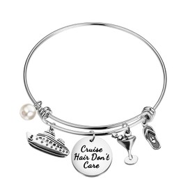 BEKECH Silver Cruise Themed Bracelet - Stainless Steel Bangle - Nautical Modern Style - Female Adult - 1 Count