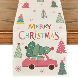 Artoid Mode Xmas Trees Pink Car Snowflake Merry Christmas Table Runner, Seasonal Winter Kitchen Dining Table Decoration for Home Party Decor 13x120 Inch