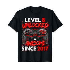 Level 8 Unlocked Awesome Since 2017 8th Birthday Gaming T-Shirt