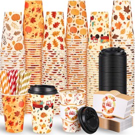 Jingmore 48 Sets 16oz Fall Paper Coffee Cups with Sleeves, Lids and Straws Disposable Autumn Themed Juice Tea Drinking Cups Bulk for Holiday Birthday Party Wedding Baby Shower Supplies
