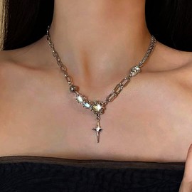 Atentuyi CZ Cross Pendant Necklace Silver Rhinestone Cross Necklace Crystal Small Cross Choker Opal Moonstone Necklace Link Chain Gemstone Necklace Jewellery for Women and Girls