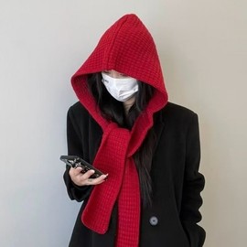 Knit Balaclava Hood Hat Neck Warmer Earflap Scarf Winter Warmth lf3388 Free Size/Brushed Scarf Red 4ea