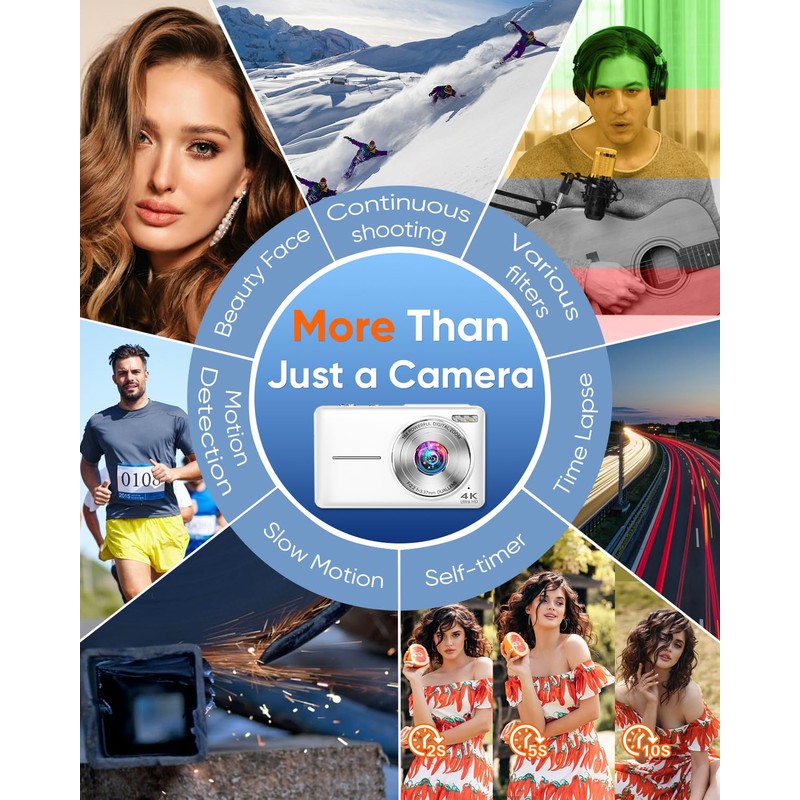 Digital Camera, 4K 64MP Autofocus Compact Camera with Dual Lens(White)