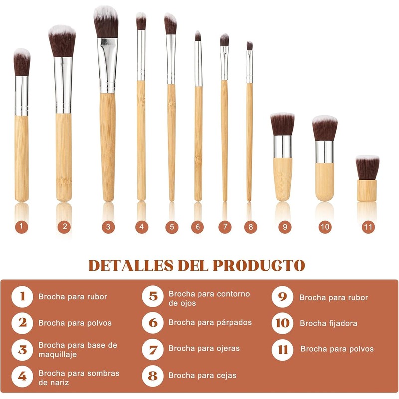 11 PCS Set de Brochas para Maquillaje Bambu